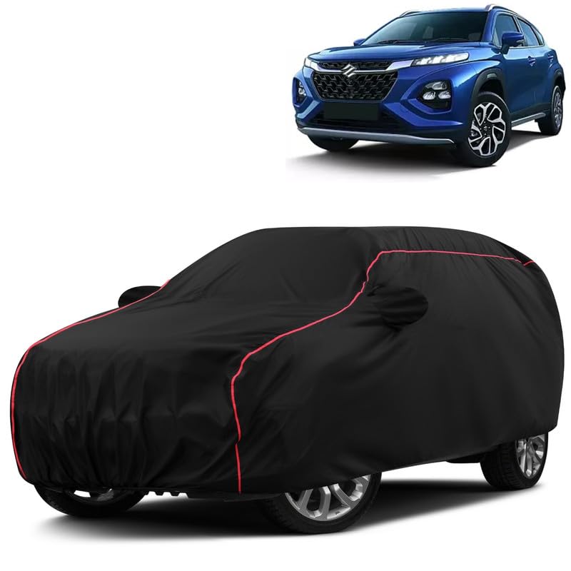 VOICO Water-Resistant Dustproof Car Cover for Maruti Fronx – Mirror Pocket, UV Protection, Scratch Guard, Buckle Belt, Front & Back Bottom Elastic with Red Piping – Black