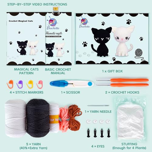 Image of Crochet Kit for Beginners, Crochet Starter Kit with Step-by-Step Video Tutorials, Crochet Animal Kits for Adults, DIY Craft Supplies (Magical Cats)