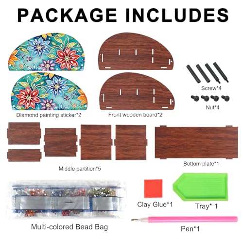 Image of DIY Diamond Painting Storage Box Floral Design Multi-Compartment Wooden Organizer for TV AC Remotes, Makeup Brushes, Pens, Desktop Tabletop Craft Storage