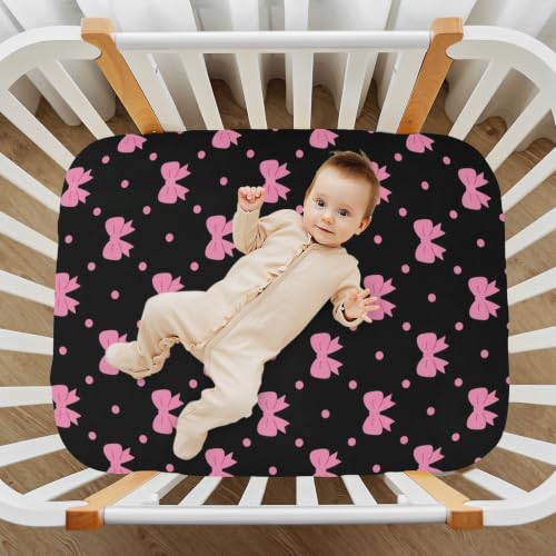 Image of Crib Sheet Breathable Soft Crib Mattress Sheet for Baby Toddler Boys Girls Fitted Pack n Play Crib Sheet Fit Standard Crib Mattress 52 x 28 Inch Hot Pink Bows Polka Dots