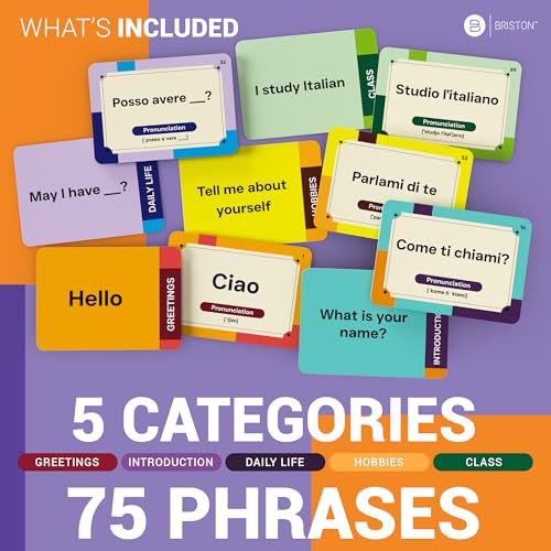 Italian Flash Cards with Audio – 75 Conversational Phrases for Beginners & Travelers – Learn Italian Language, Pronunciation & Vocabulary Study Aid for Adults, Students & Homeschool – Briston - Image 6