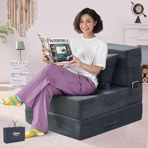 HILERO Folding Sofa Bed, 4 in 1 Convertible Sleeper Chair with Pillow, Single Memory Foam Fold Out Chair Bed, Modern Floor Futon Sofa Couch Mattress for Living Room/Guest/Apartment, Dark Grey