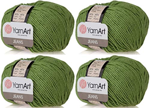 YarnArt Jeans 4 Skeins Cotton Blend Yarn - 55% Cotton 45% Acrylic Yarn Thread Crochet Hand Knitting Art Lot of 4skn 200 gr 696 yds(69-Green)