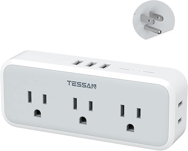 Divisor de tomada multitomada, extensor de 5 tomadas TESSAN com 3 carregadores de parede USB, expansor de plugue múltiplo de 3 lados para escritório em casa, dormitório, itens essenciais