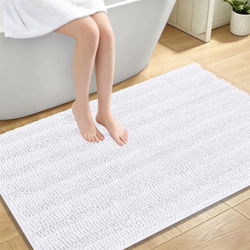 Image of OLANLY Thick Large Bathroom Rugs 47x32, Extra Soft Absorbent Chenille Striped Bath Rugs, Rubber Backing, Machine Wash Dry, Bath Mats for Bathroom Floor, Tub and Shower, Home Decor Accessories, White