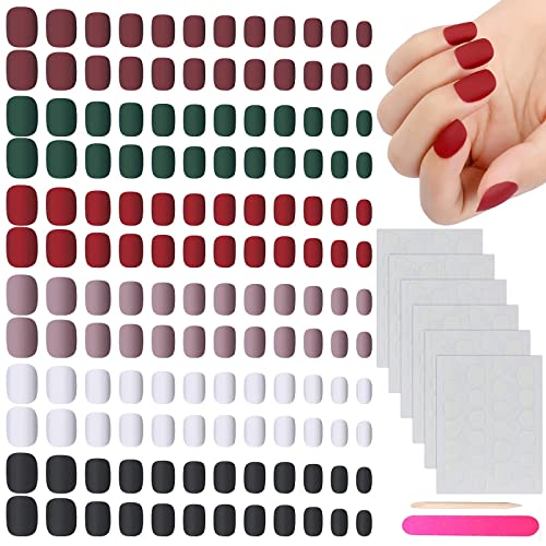 Mwoot 144 Pièces Faux Ongles Courtes Colorés Faux Ongles Artificiels Carrés Appuyer sur Ongles de Cercueil à Couverture Complète Court Tête Ronde Fake Nail, Matte French False Nail Tips