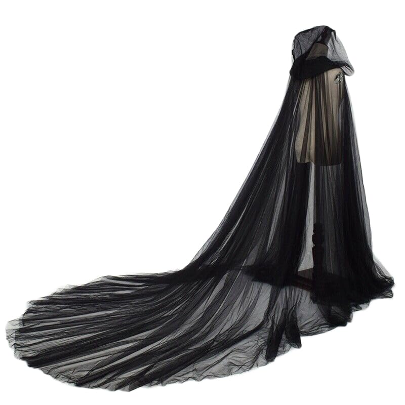 FakeFace Women Tulle Hooded Cloak Wedding Bridal Dress Robe Vampire Witch Elf Full Length Cape with Hood Halloween Cosplay Costume (Black-2 Layers)