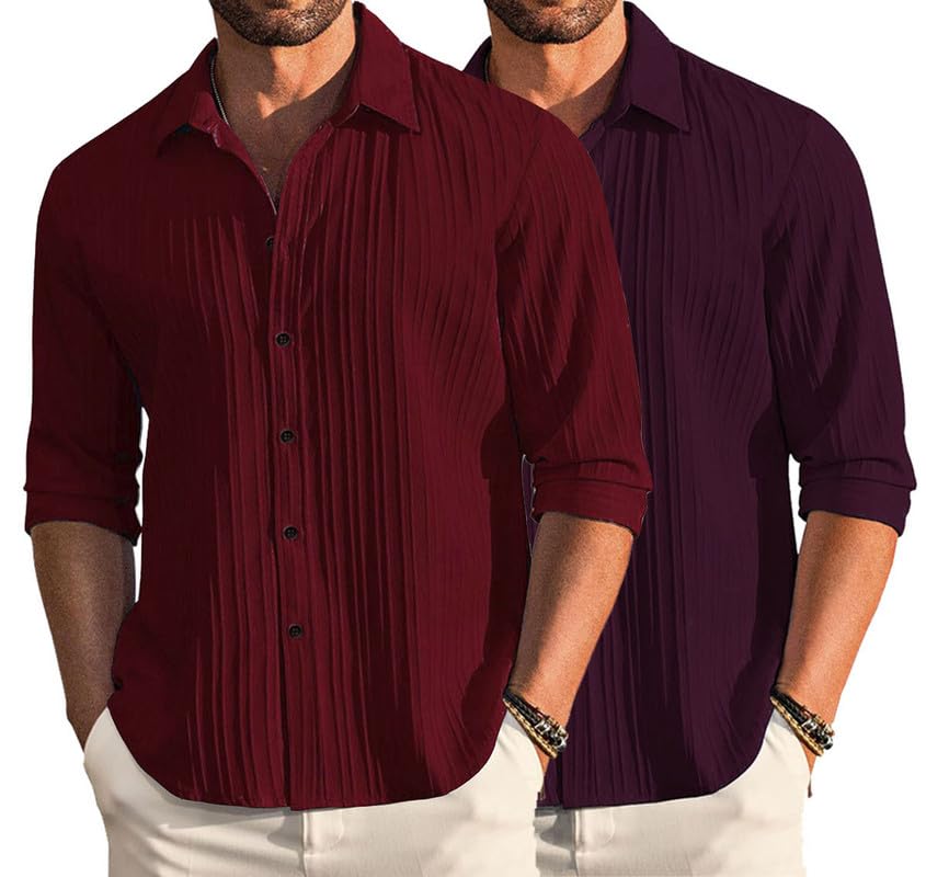 Image of DEELMO Combo of Men's Casual Button Down Shirts Long Sleeve Linen Shirt Fashion Textured Summer Shirts Pack of 2