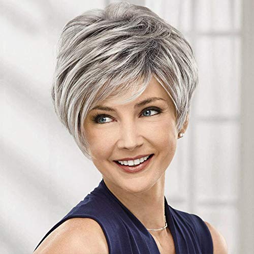 EMMOR Short Grey Human Hair Blend Wigs for Women -Blend with Healthy Memory Fiber Pixie Cut Wig,Natural Daily Use Hair (Color 8T613#)