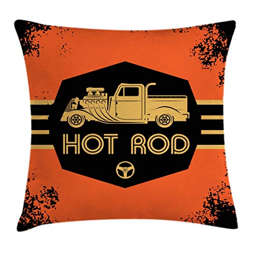 Ambesonne Retro Throw Pillow Cushion Cover, Hot Rod Grunge Poster Design Custom Truck Americana Vintage Engine, Decorative Square Accent Pillow Case, 36
