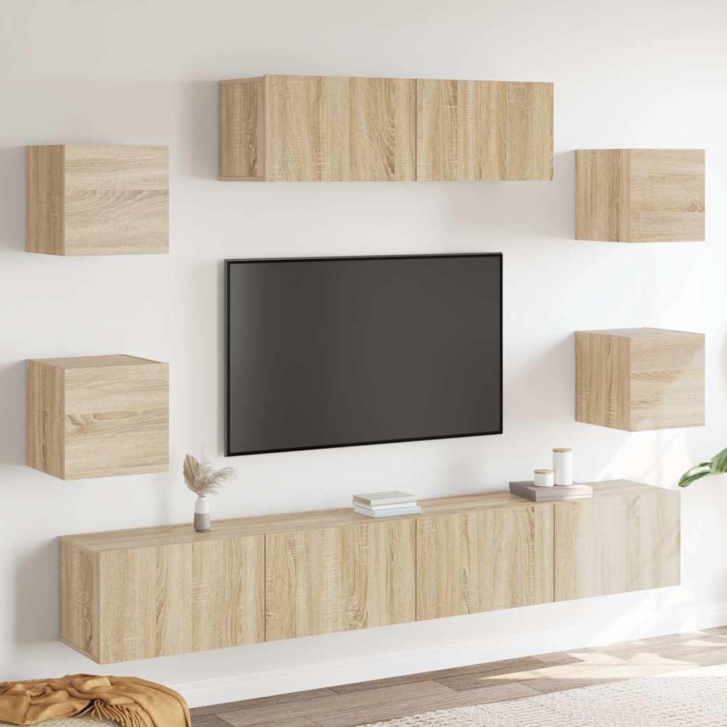 Set di 7 mobili TV a parete in rovere Sonoma