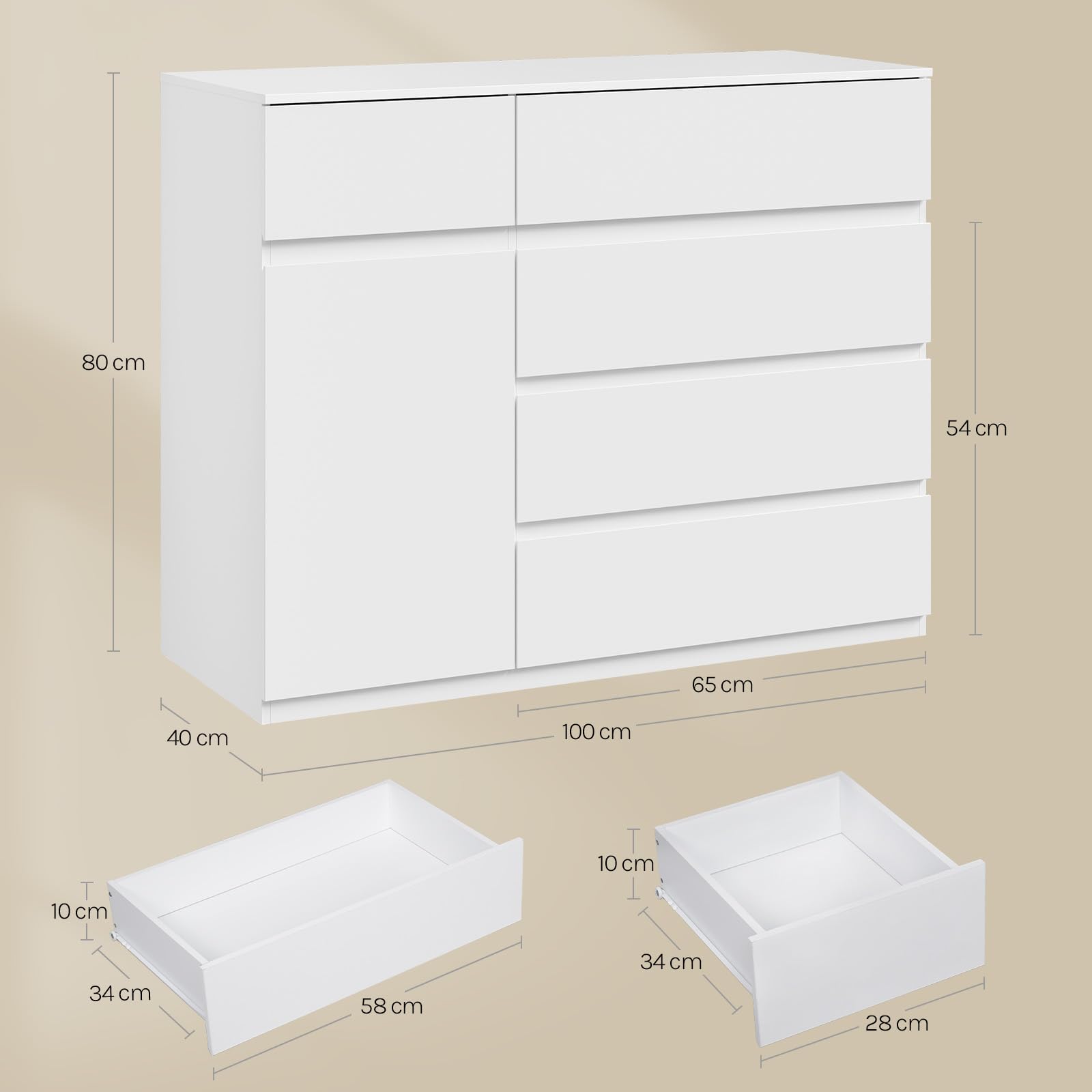 WOLTU Cassettiera Camera da Letto, Mobiletto Salvaspazio con 5 Cassetti e 1 Armadietto, Ripiano Regolabile, per Soggiorno, Ingresso, 100x40x80 cm, Bianco