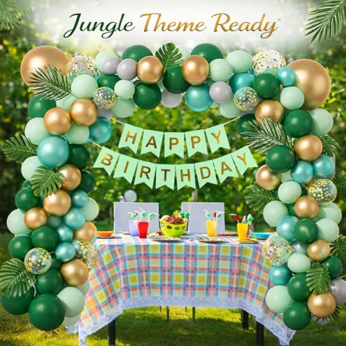 Image of Rozi Decoration Green and Gold Balloon Arch Birthday Decoration Kit with Happy Birthday Paper Banner | Jungle Theme Party Decoration Set for Home, Kids and Adult Celebrations Pack of 56 Pcs