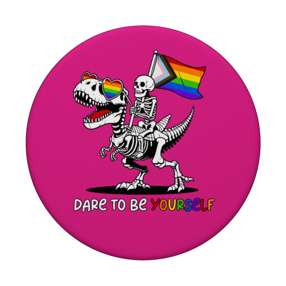 Dare To Be Yourself Pride Dinosaur T-Rex Rainbow Gay LGBTQ PopSockets Swappable PopGrip, Black - Image 3