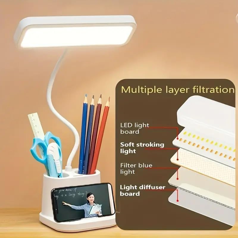 Image of One94Store LED Desk Lamp with Pen & Phone Holder - USB Charging Study Lamp with Touch Sensor, Adjustable Brightness, Eye Protection Light & Foldable Table Lamp for Students, Reading & Office
