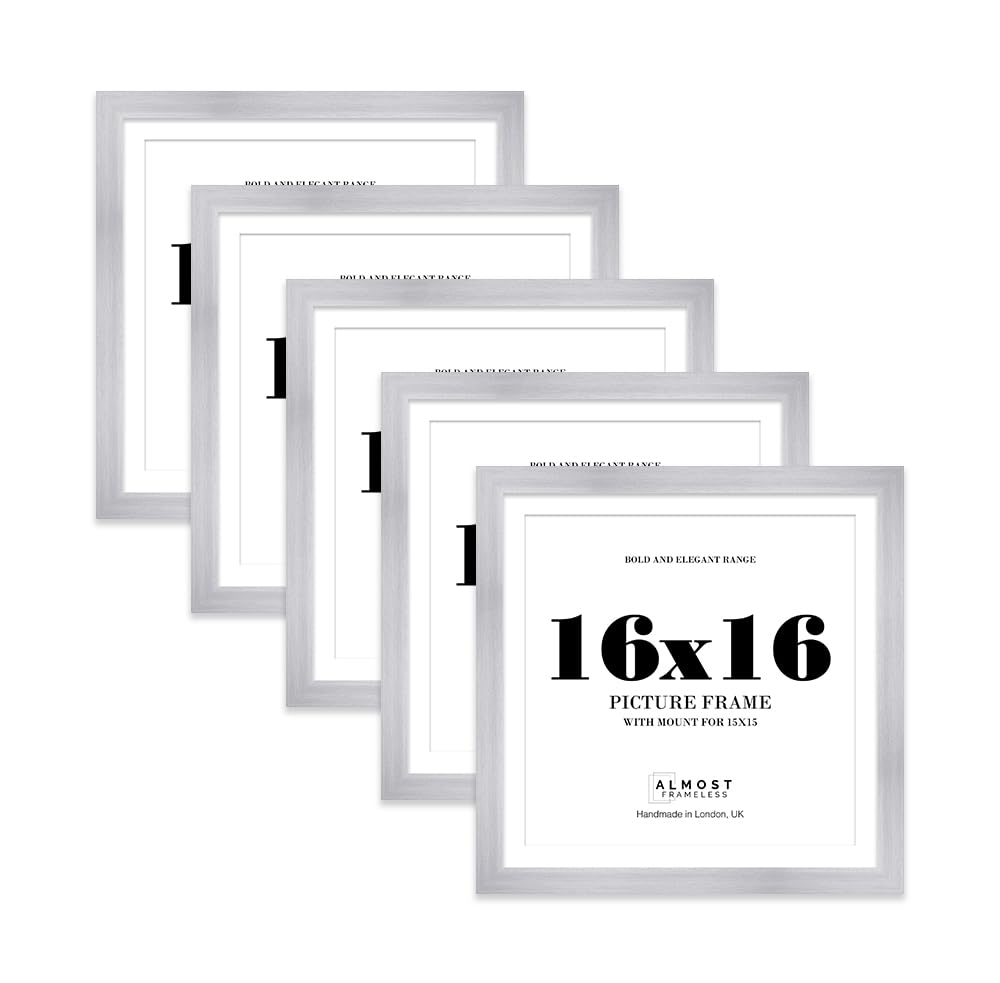 16x16" Silver Square Frame With Mount for 15x15" Pictures 28mm Edge Frame Display with Wall Hooks, 5 Pack