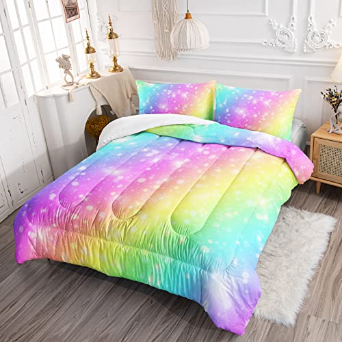 Bailipromise Rainbow Bedding Set For Girls Colorful Kids Comforter Set Full Tie Dye Pastel Duvet With Golden Stars Glitter Watercolor Girly Quilt Set Toddler Bedding Sweet Bedroom Decor 3 Pieces #TOP1