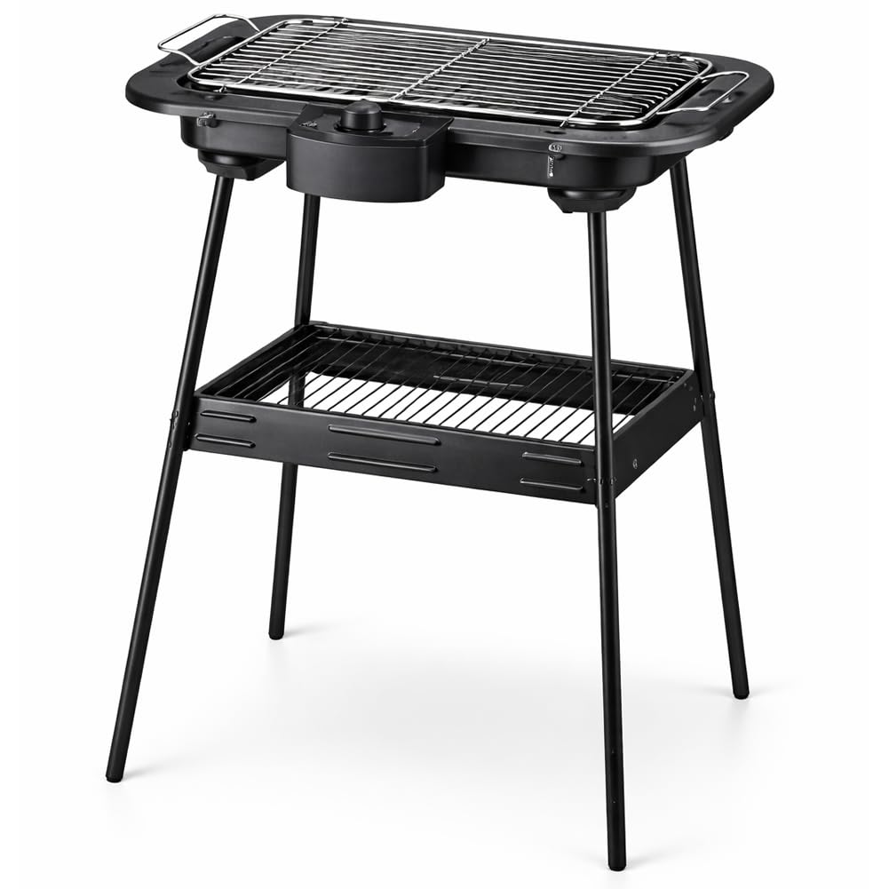 BAKAJI Barbecue Elettrico 2 in 1 2000W di Potenza, Grill da Tavolo e Stand Piedistallo, BBQ Facile da Usare con Manopola per Controllo della Temperatura e Griglia Removibile, Ideale Esterni ed Interni