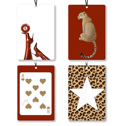 Image of Trendy Retro Cheetah Car Air Freshener 4Pcs, Trendy Funky Leopard Star Red Lucky 8 Ball Air Freshener for Car Interior Closet Drawer Books, Room Decor For Women CarMirror Decor Hanging