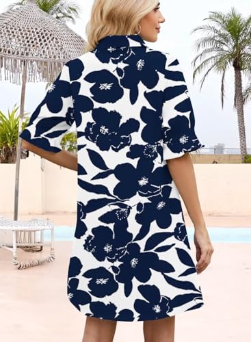 Image of Womens Summer Shirt Dress 2026 Casual Ruffle Short Sleeve Button Down Flowy Swing Shift Mini Dresses with Pockets