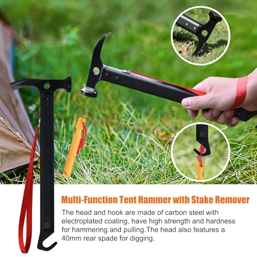 Image of Eurmax USA Hiking Camping Tent Stakes and Hammer Set Lightweight Multi-Function Tent Hammer with Tent Stake Remover,Tent Pegs for Camping, Hiking, Backpacking, Gardening(Gold Stakes)