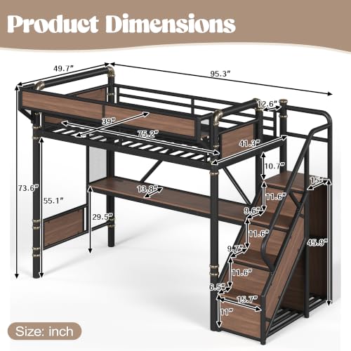 Image of Bellemave Twin loft Bed with Storage Stairs, Wardrobe, Shelves, Metal Twin Loft Bed Frame for Adults, Kids, Teens, Black+Natural Wood with Black Stairs