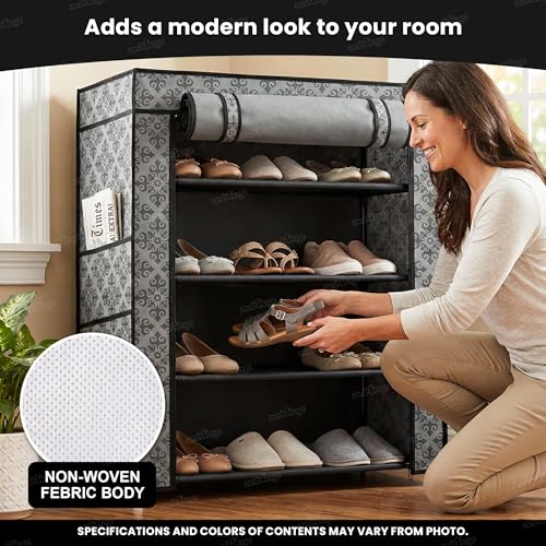 Image of Zest 4 Toyz 4 Shelf Shoe Rack for Home with Zip Door Cover & Side Pockets Shoe Stand Multipurpose Storage Rack for Footwear Toys Clothes with Dustproof Cover (Printed Design)