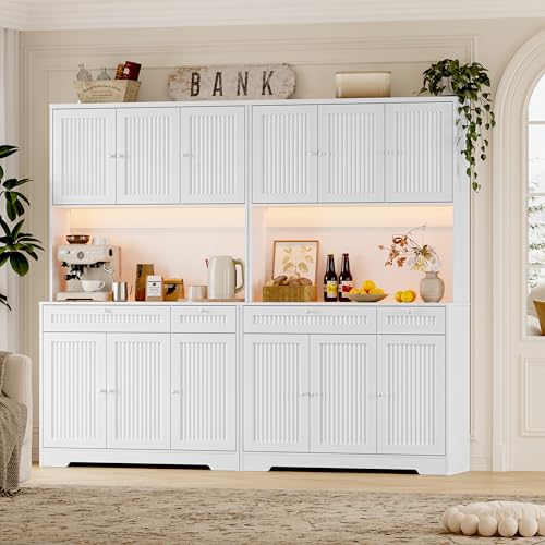Image of BORNOON Pantry Cabinet with Charging Station and Light, Tall Kitchen Pantry Storage Cabinet with Microwave Stand, Wide Fluted Kitchen Hutch with Storage Drawers and Adjustable Shelves for Dining Room
