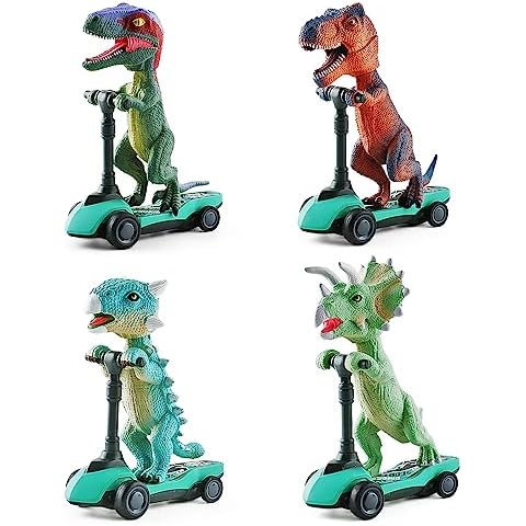 DINOBROS Dinosaur Scooter Toys Pull Back Cars Mini Finger Kick Scooters Boy Toy Age 3 4 5 6, Dino Gift Sets for Kids 4-Pack Cover