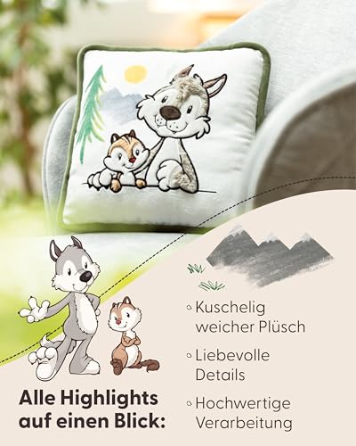 NICI Forest Friends Kinder Kissen Wolf Winny & Streifenhörnchen JoJo 25x25cm - Kleines Kuschelkissen flauschig, Für Mädchen, Jungen & Erwachsene – 49955