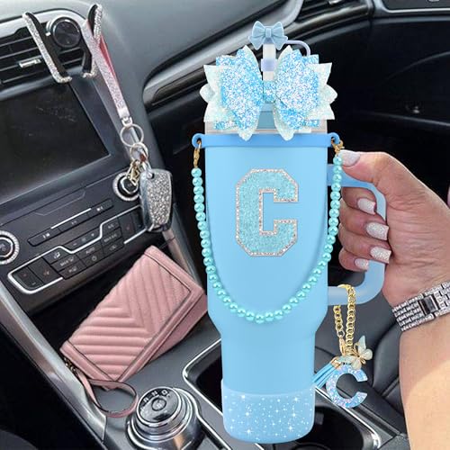 Hpebl 9PCS Blue for Stanley Cup Accessories Set Bling Initials Bow Charms for Stanley Decorations 30/40 Oz Tumbler Accessories Including Bow Straw Topper, Handle Strap, Spill Stopper（Letter C） - image 6