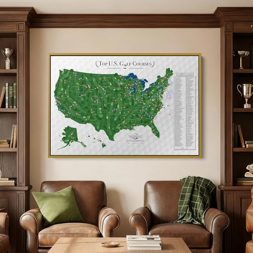 Image of Push Pin Travel Maps Top 200 Golf Courses USA Canvas - Personalized Golf Course Tracker with Pins, Framed Golf Wall Decor - Gold Float Frame - 34 inch x 51 inch