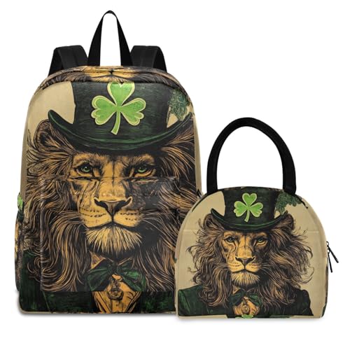 Backpack Lunch Box Set Large Capacity Travel Backpacks and Insulated Lunch Bag for Commute Hiking Picnic St Patricks Day Lion Print