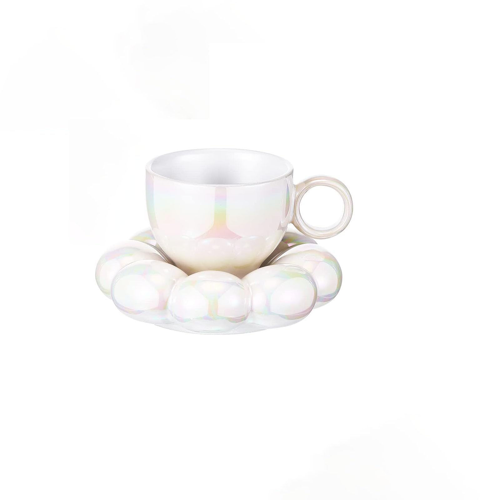 TERRIFI Ceramic Cloud Mug, 7oz Creative Cute Cup, Ceramic Coffee Mug, Flower Cup, Pearl Cup with Saucer Set or Office Home Coffee Tea Latte Milk, Women Girlfriend Birthday