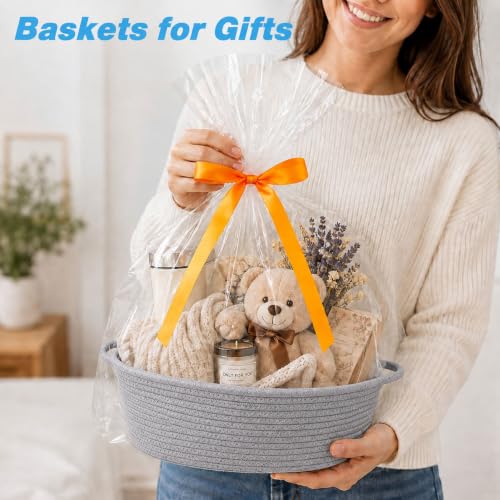 Image of Empty Gift Basket with Gift Bag & Ribbon, Woven Rope Basket, 12x8x5