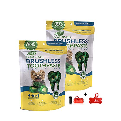 ARK NATURALS Brushless Toothpaste, Dog Dental Chews for Mini Breeds, Vet Recommended for Plaque, Bacteria & Tartar Control, 2 Pack (8oz Total) Including Luving Pets Waste Bag Dispenser