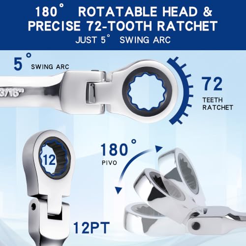 Image of Qnkaa 24pcs Flexible Ratcheting Wrench Set Metric 8-19mm & SAE 1 /4 inch to 7 /8 inch | 180 Flex-Head Spanner, Gear Ring Ratchet, Combination Wrenches Kit,,Cr-V Steel With Pouches