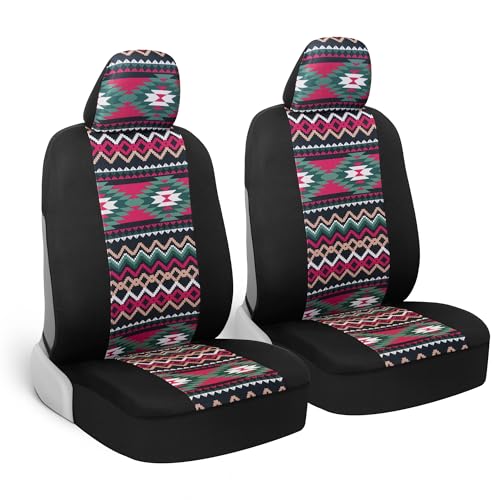 BDK Pink Inca Car Seat Covers for Front Seats, 2 Pack– Geometric Print Front Seat Cover Set with Matching Headrest, Sideless Design for Easy Installation, Universal Fit for Car Truck Van and SUV