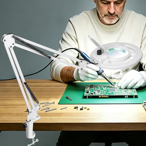 KIRKAS 12X&30X Magnifying Glass with Light,2,200 Lumens LED Magnifying Lamp with Clamp, Stepless Dimmable Real Glass Lens Magnifier, Adjustable Arm Workbench Light for Close Work Sewing Repair- White by KIRKAS - Used condition - US$53.46