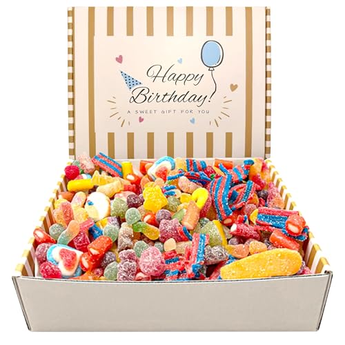 SweetCrate Happy Birthday Sweet Hamper 1kg Fizzy & Jelly Pick n Mix Sweets Gift Box Ready Wrapped Present for Kids Women & Men