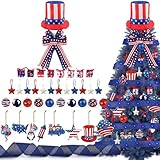 44 Pcs 4th of July Tree Ornaments Decorations Patriotic Wreath Bows Memorial Red White and Blue Decorations Indepence Day Tree Topper Hat Hanging Ornaments for Memorial Day Decor