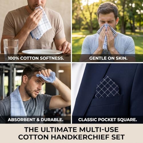 Image of Men's 12pcs 100% Cotton Checkered Handkerchiefs Gift Box, 15.75 Inch Soft Breathable Absorbent Large Pocket Squares