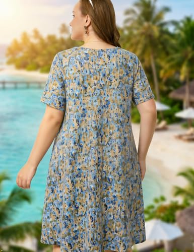 Image of OVERWORETY Womens Short Sleeve Plus Size T-Shirt Dress V Neck Casual Loose Swing A-Line Summer Tunic Dresses with Pockets