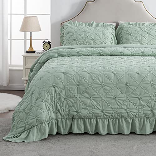 Andency Sage Green Comforter Queen Size Pinch Pleat Ruffle Comforter Set, 3 Pieces Pintuck Boho Shabby Chic Fringe Comforter Set, Soft Microfiber All Season Down Alternative Bedding Set #TOP2