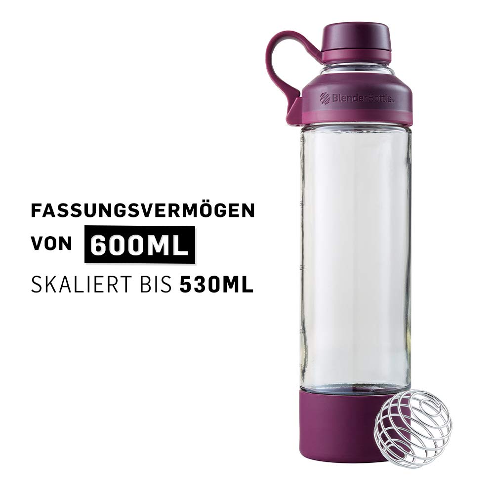 BlenderBottle Mantra Shaker Per Frullati Di Proteine, Bottiglia Per Acqua, Borraccia In Vetro, Con Blenderball, Unisex – Adulto, Plum, 590