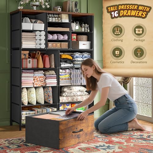 57“H Tall Dresser for Bedroom with 16 Drawers,Fabric Dressers & chests of Drawers for Bedroom,Large Dresser for Closet,Sturdy Metal Frame & Wood Top,Entryway, Hallway(Rustic Brown) - Image 3