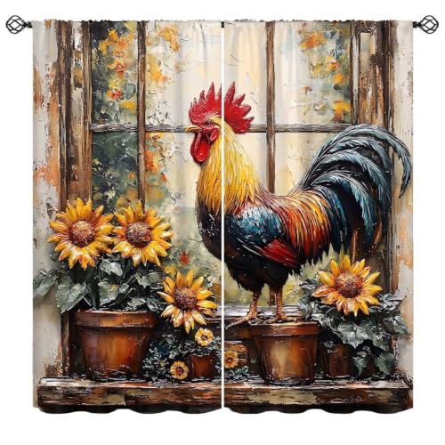ICMOLYYENLO Farmhouse Rooster Curtains Rustic Wooden Window and Sunflower Oil Painting Window Drapes for Kitchen Dining Room, 2 Panels 42x54 Inch