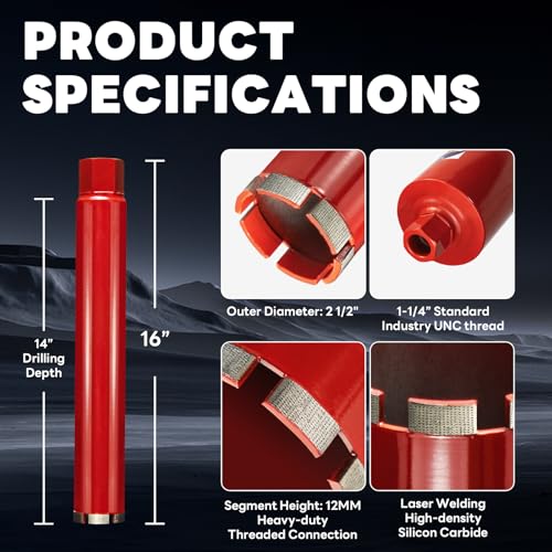 Image of Premium 2 1 /2 inch Wet Core Drill Bit for Hard Concrete with High-Density Diamond, Precision-Welded Segments, 1-1 /4 inch-7 UNC x 14 inch Depth, Industrial Grade for Concrete Rebar, Brick, Masonry, Asphalt