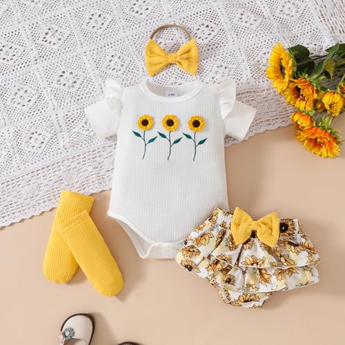 Baby Girl Summer Outfit Short Sleeve Sunflower Embroidery Romper+Shorts+Headband+Socks Infant Clothes Set3