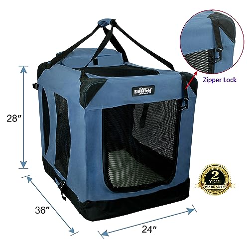 EliteField 3-Door Folding Soft Dog Crate with Carrying Bag and Fleece Bed (2 Year Warranty), Indoor & Outdoor Pet Home (36' L x 24' W x 28' H, Blue Gray)